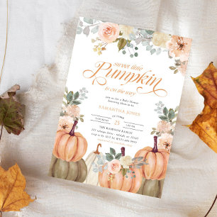 Süße kleine Kürbis-Rosa-Blumen-Herbst-Baby-Party Einladung