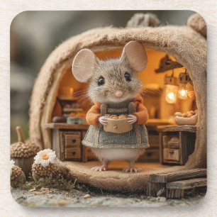 Süße kleine Maus im gemütlichen Eichenhaus Getränkeuntersetzer