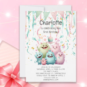 Süße kleine Monster Mädchen 1. Geburtstag Einladung