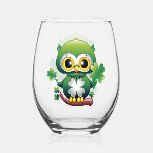 Süße kleine St. Patrick Cartoon-Eule Weinglas Ohne Stiel (Vorderseite)