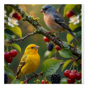 Süße kleine Vögel mit roten Beeren im Wald Natur Poster