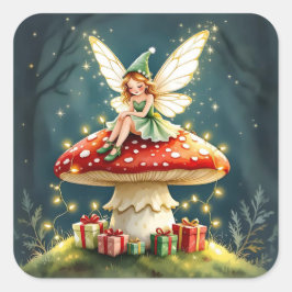 Süße kleine Weihnachtsfee auf Pilz Quadratischer Aufkleber