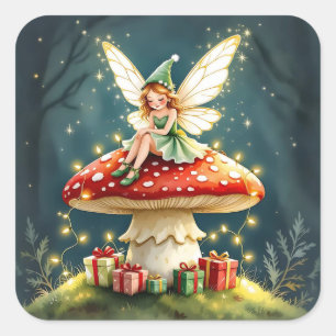 Süße kleine Weihnachtsfee auf Pilz Quadratischer Aufkleber