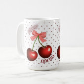 Süße Kokette Kirsche mit rosa Gingham-Schleife T-S Kaffeetasse (Vorderseite Links)