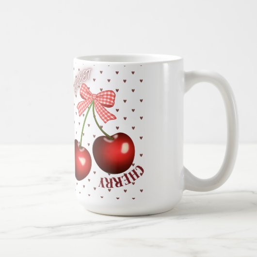 Süße Kokette Kirsche mit rosa Gingham-Schleife T-S Kaffeetasse (Rechts)