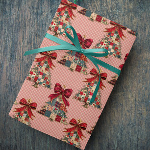 Süße Koketten-Patchwork-Weihnachtsbäume Gingham Geschenkpapier