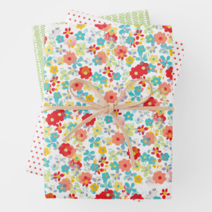 Süße Korallenrot Rosa Aquablau Floral Kunst Muster Geschenkpapier Set