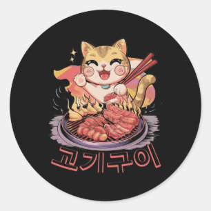 Süße koreanische Katze isst BBQ Korean Barbecue An Runder Aufkleber