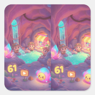 Süße Kristallhöhlen-Abenteuer – Farbige Chibi Quadratischer Aufkleber