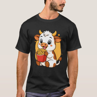Süße Kuh, die Pommes isst, lustiges Kawaii-Tier, L T-Shirt