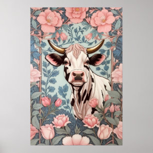 Süße Kuh mit rosa floralem Hintergrund Poster