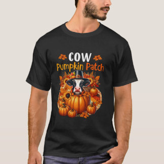 Süße Kuh Patch Thanksgiving Kürbisse Herbstlaub T-Shirt