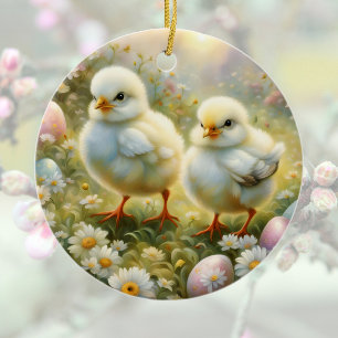Süße Küken auf einer Wiese mit Ostereiern, vintage Keramik Ornament