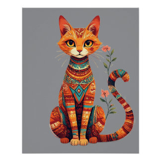 Süße künstlerische Katze mit floralem Zweig Poster