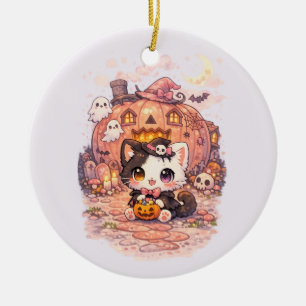 Süße Kürbishaus-Hexen-Kitty Keramik Ornament