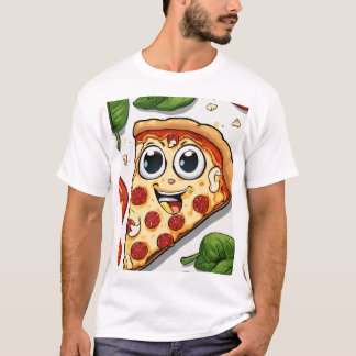 Süße lächelnde Cartoon-Pizza-Scheibe mit glücklich T-Shirt