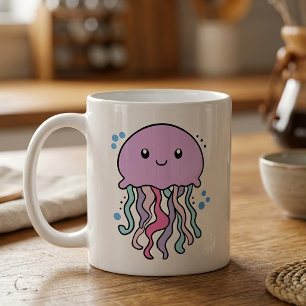 Süße lächelnde Kawaii-Babyqualle mit Blasen Kaffeetasse