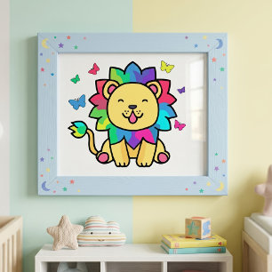 Süße lächelnde Kawaii-Löwe mit Schmetterlingen Car Fotodruck