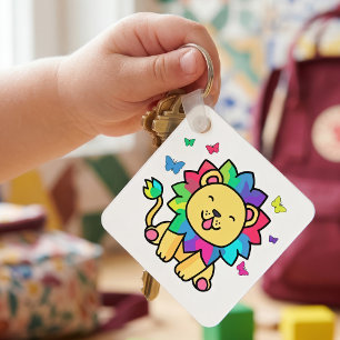 Süße lächelnde Kawaii-Löwe mit Schmetterlingen Car Schlüsselanhänger