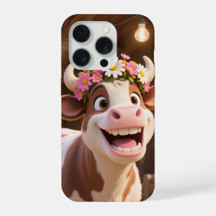 Süße lächelnde Kuh mit Blumenkrone Ästhetik iPhone 15 Pro Hülle