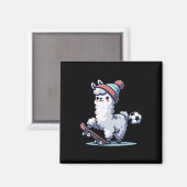 Süße Lama auf Skateboard mit Fußballmütze  Magnet (Vorderseite/Rückseite)
