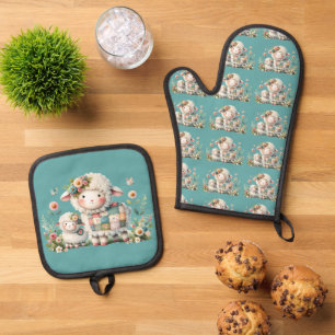 Süße Lämmer mit floralen und Patchwork-Akzente Ofenhandschuh & Topflappen-Set