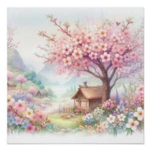 Süße Landhütte in floraler Szenerie Aquarell Poster