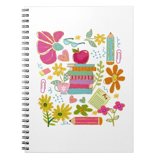 Süße Lehrer-Doodle-Kunst – Bücher, Blumen & Schule Notizblock (Vorderseite)