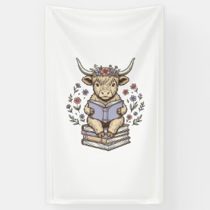 Süße lesende Kuh Blumenbuchstapel Vintage-Design_ Banner