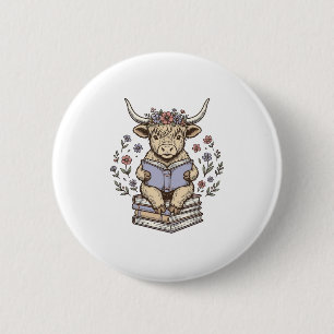 Süße lesende Kuh Blumenbuchstapel Vintage-Design_ Button