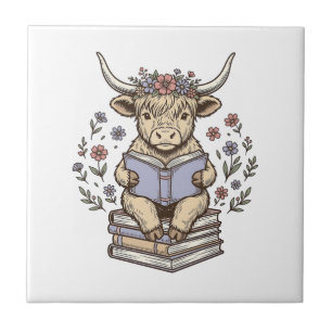 Süße lesende Kuh Blumenbuchstapel Vintage-Design_ Fliese