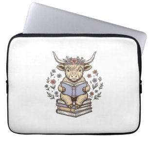 Süße lesende Kuh Blumenbuchstapel Vintage-Design_ Laptopschutzhülle