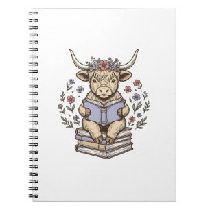 Süße lesende Kuh Blumenbuchstapel Vintage-Design_ Notizblock