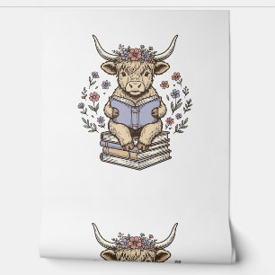 Süße lesende Kuh florale Buchstapel-Vintage-Design Tapete