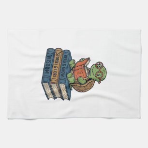 Süße lesende Schildkröte auf Büchern Vintage Vekto Geschirrtuch