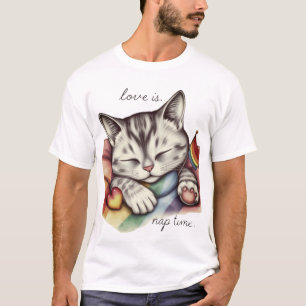 Süße LGBTQ Pride-Katze schläft unter einem Regenbo T-Shirt