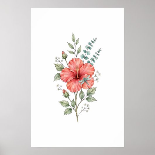 Süße Libellen-Hibiskus-Aquarell-Garten Poster (Vorne)