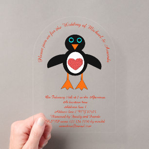 Süße Liebe Herz Pinguin Benutzerdefinierte Hochzei Acryleinladungen
