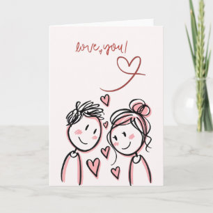 Süße Liebeskarte Love You mit Strichmännchen-Paar  Karte