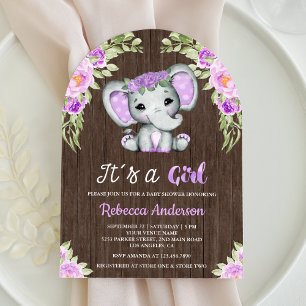Süße lila Blumen-Elefantenbogen-Holz-Baby-Party Einladung