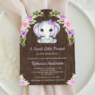 Süße lila Blumen-Elefantenbogen-Holz-Baby-Party Einladung