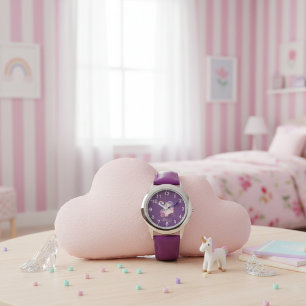 Süße lila Einhorn Regenbogen & Name Kinder Armbanduhr