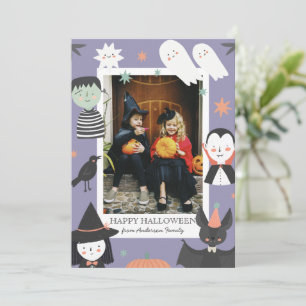 Süße lila gruselige Halloween-Foto-Charaktere Feiertagskarte
