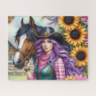 Süße lila Haar Cowgirl Pferd Sonnenblumen Puzzle
