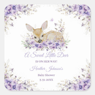 Süße lila violette florale Reh-Baby-Party Quadratischer Aufkleber