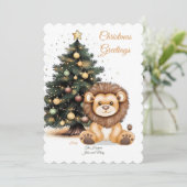 Süße Löwen mit festlicher Baumillustration Feiertagskarte (Stehend Vorderseite)