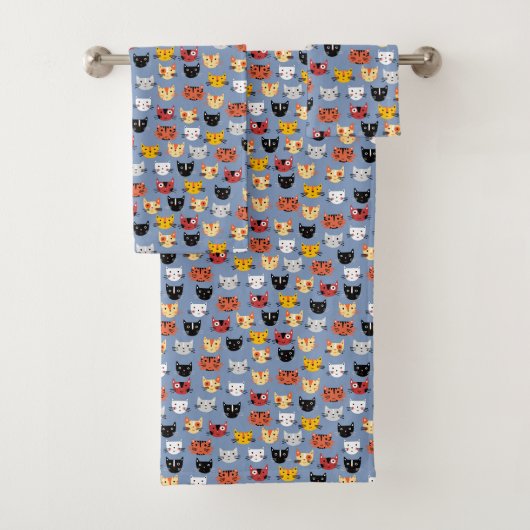 Süße lustige Kitty-Katzengesichter Muster Blau Badhandtuch Set (Insitu)