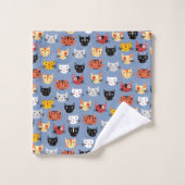 Süße lustige Kitty-Katzengesichter Muster Blau Badhandtuch Set (Waschlappen)