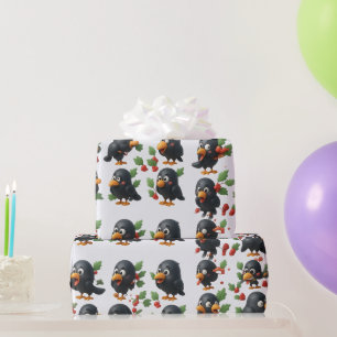 Süße lustige schwarze Vögel Holly Weihnachten Geschenkpapier