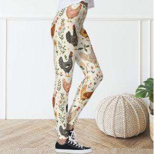 Süße lustige Vintage-Elfenbein-Rosa-Blumen-Henne Leggings